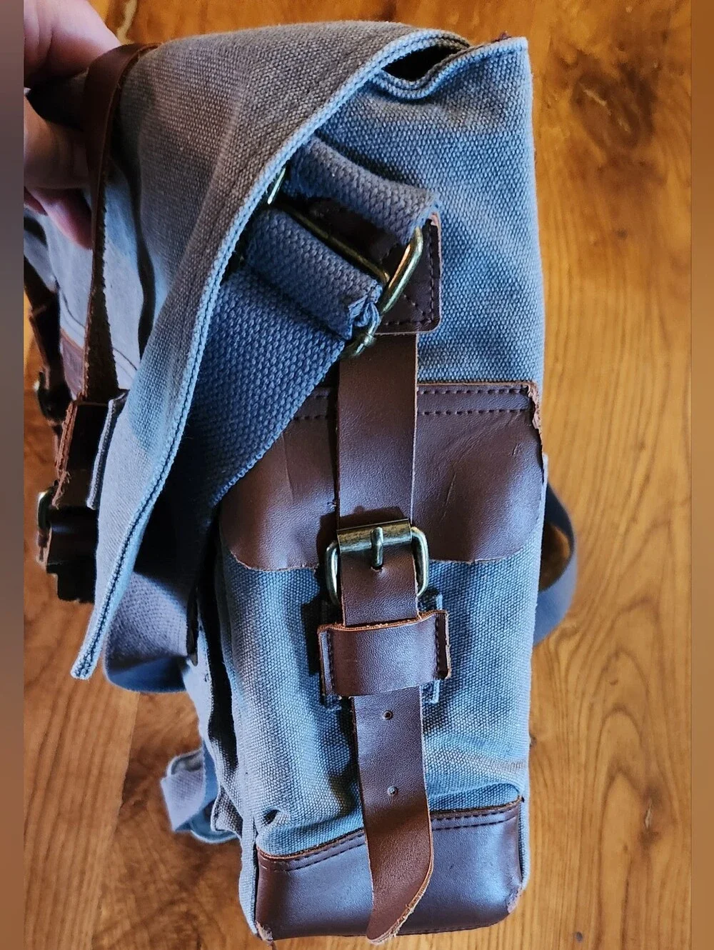 Canvas Messenger Bag with Brown Leather Trim - Gray Men's Shoulder Bag